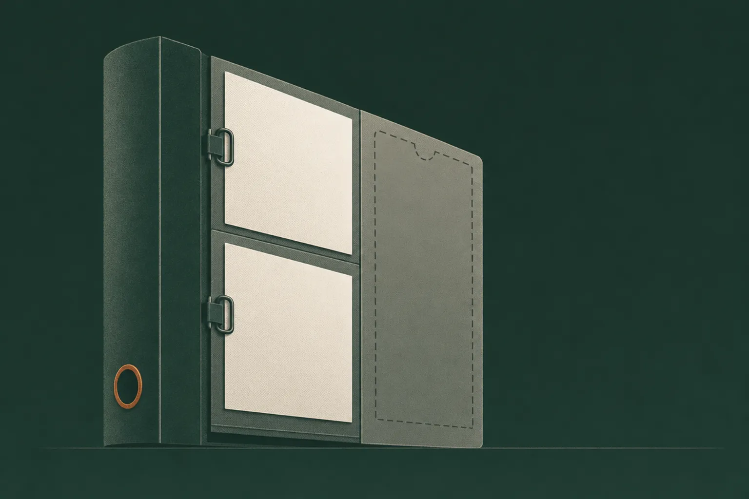 An open binder gathers two blank notices beside an empty sleeve outlined with dashes.