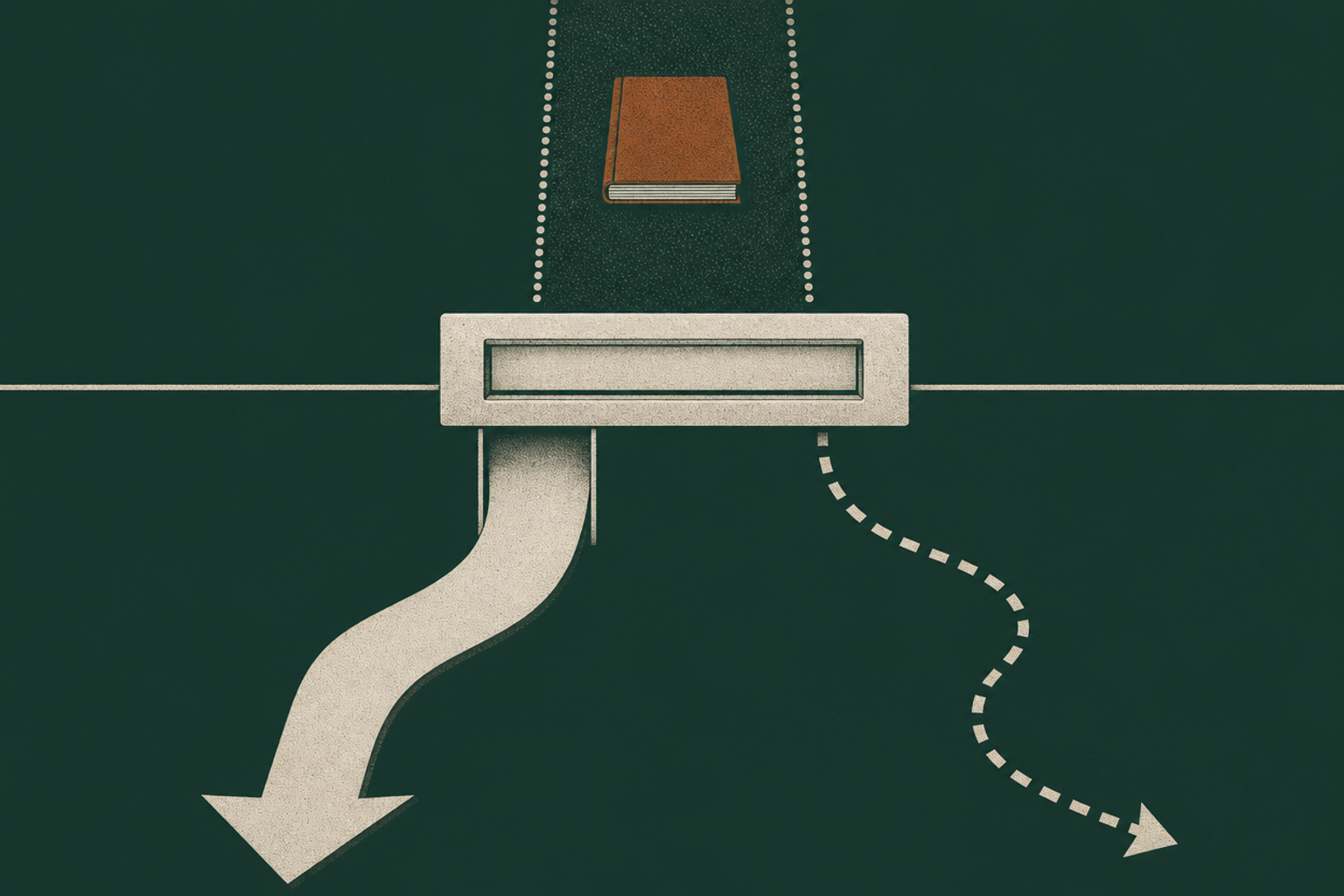 Editorial illustration of a deposit ledger blocked by a closed mailing slot, with a dashed alternate path showing a separate action remains available.