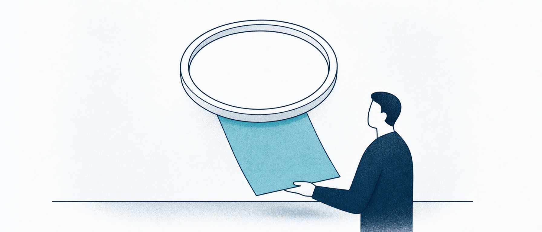 An operator steadies an aqua condition agreement sliding beneath a blank clock rim.