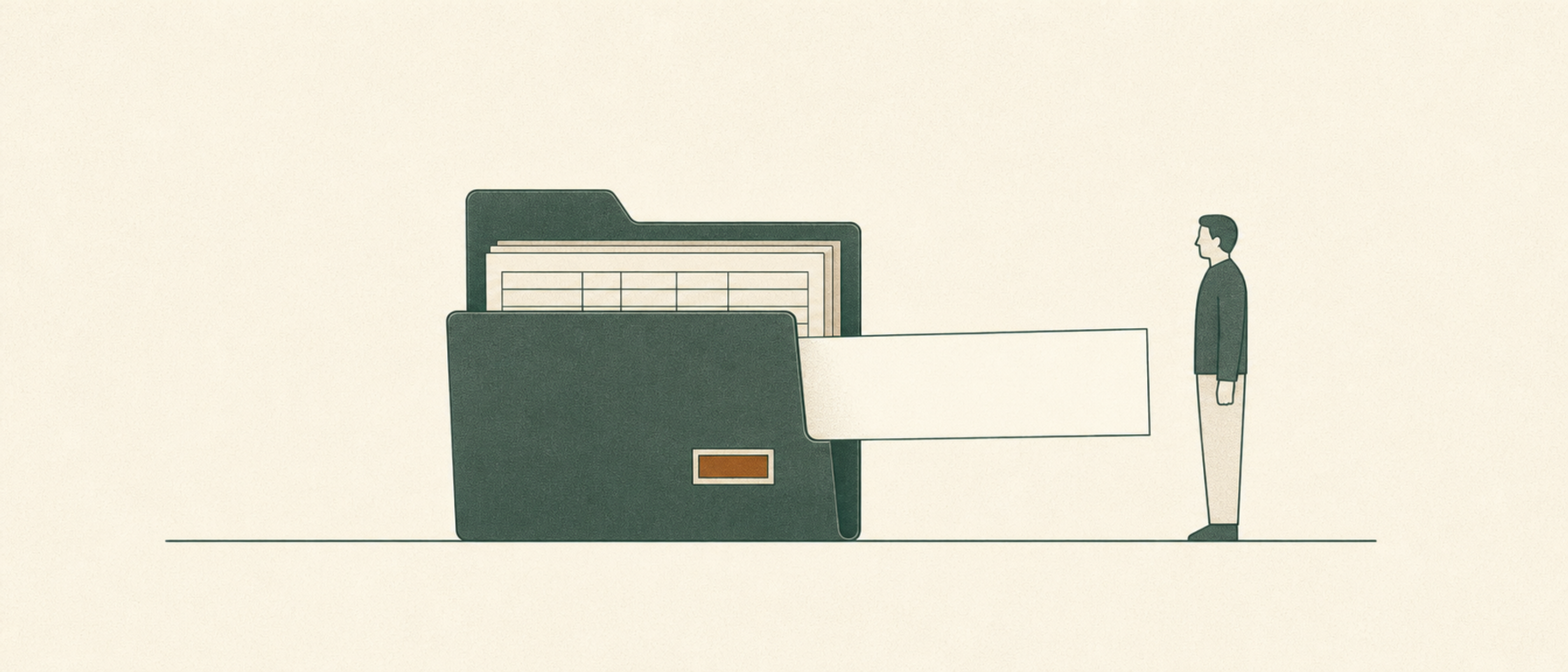 A blank notice extends from an account folder toward a neutral figure, while a ledger stays inside.