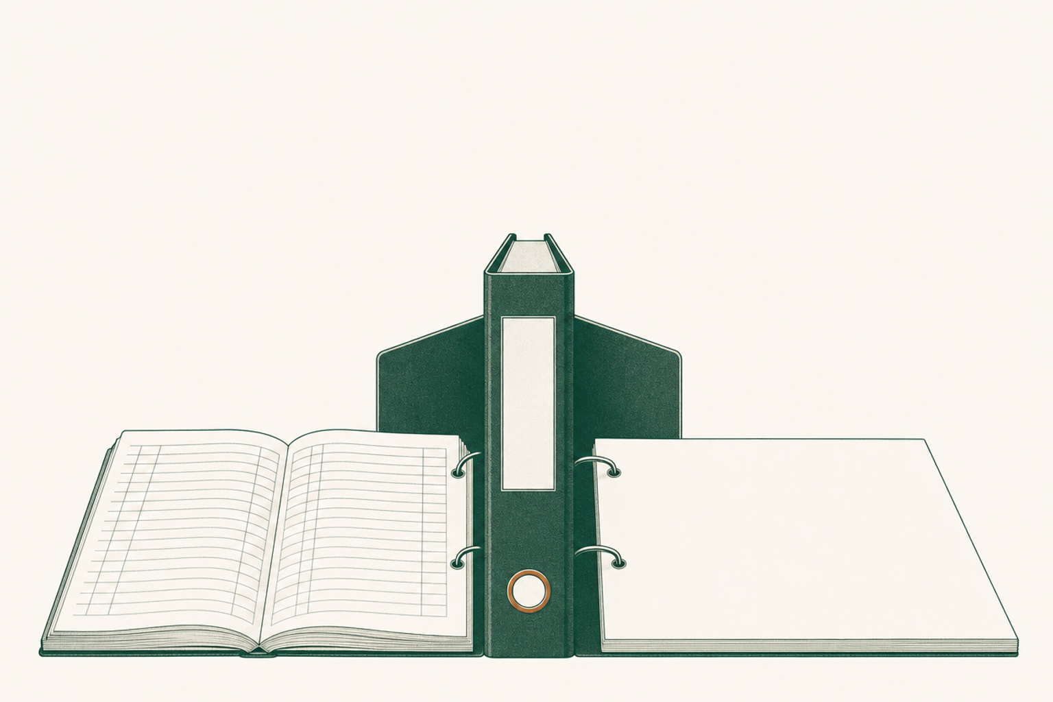 An open binder gathers a ledger and acknowledgment sheet into one file.