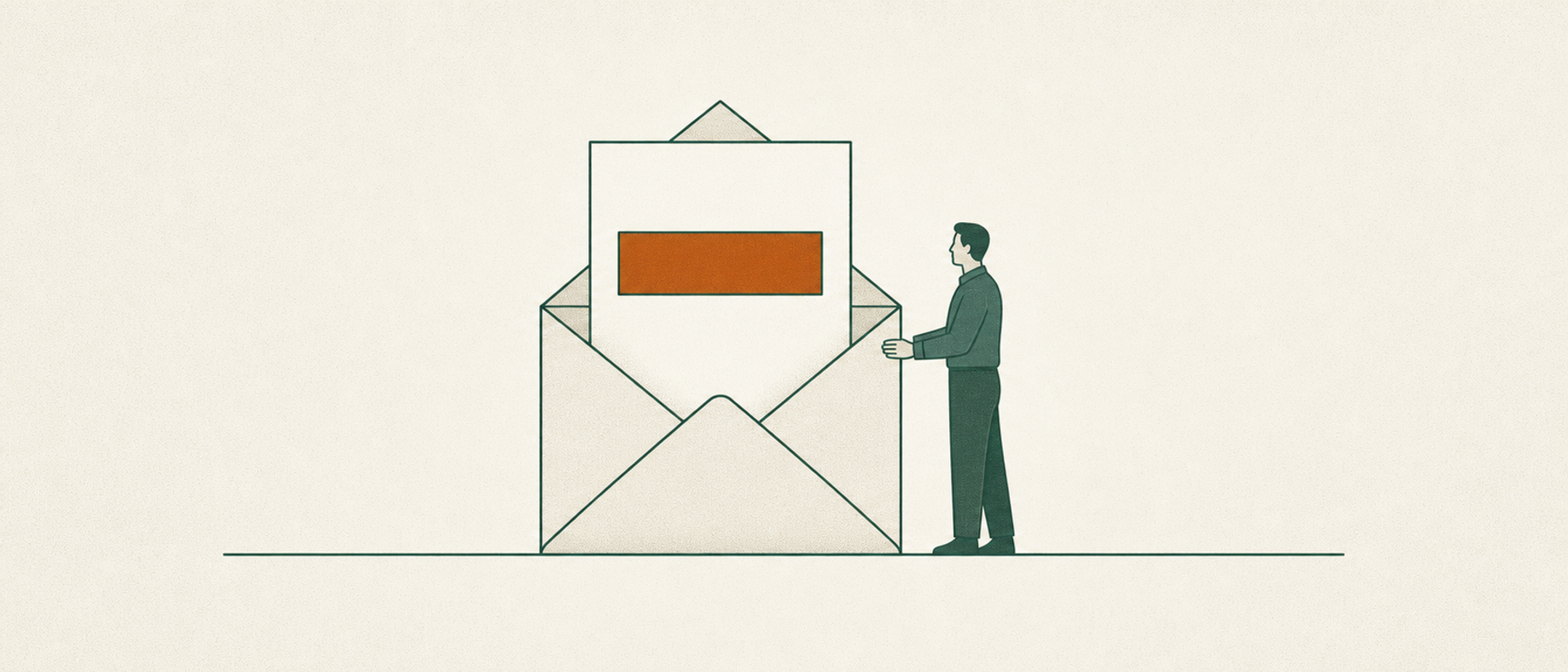 A neutral figure guides a notice into an envelope while one isolated paragraph panel remains visible.