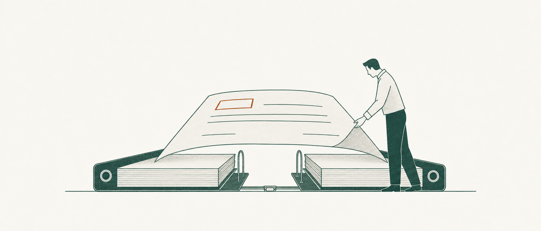 An upright owner aligns an ochre lease sheet across an open record binder.