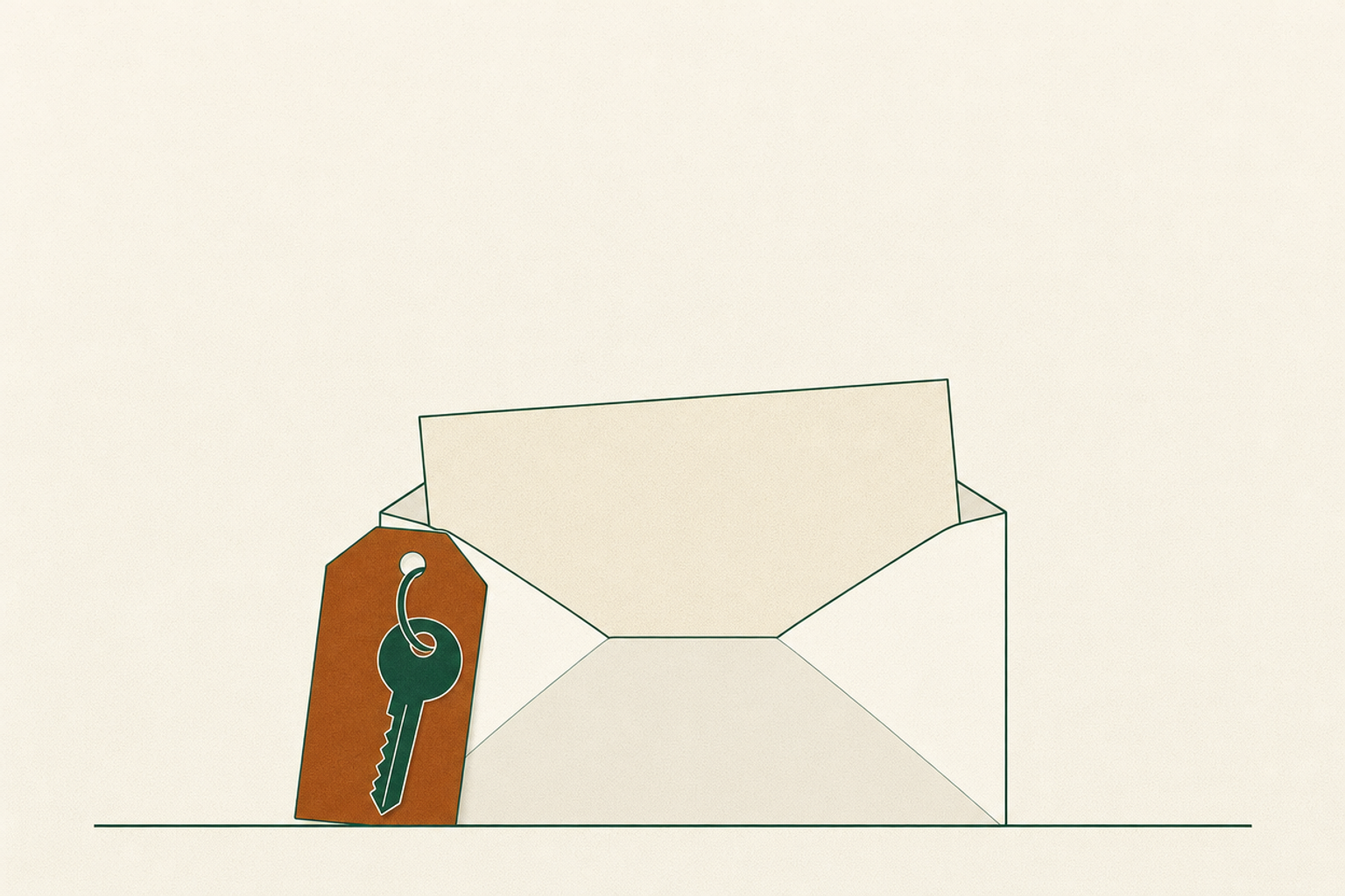 An ochre key-return receipt sits behind a blank accounting envelope, with a key across their adjoining edges.