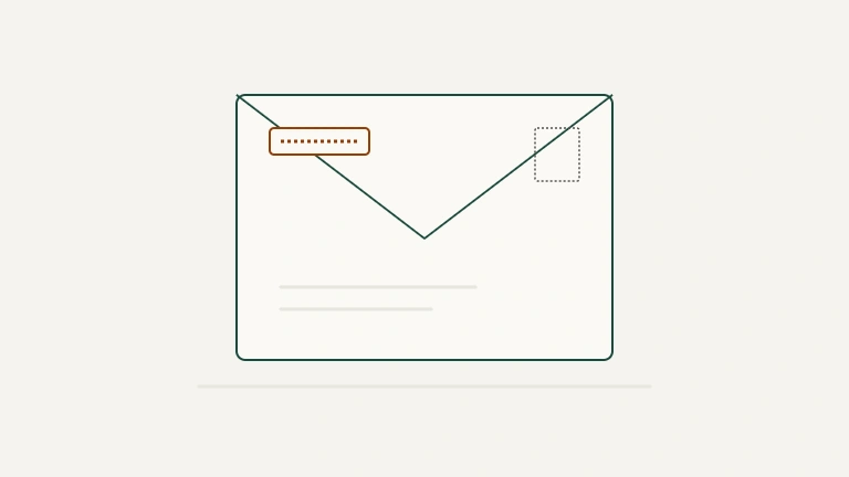 Editorial illustration of a notice envelope and postal delivery marker on a warm sand background.